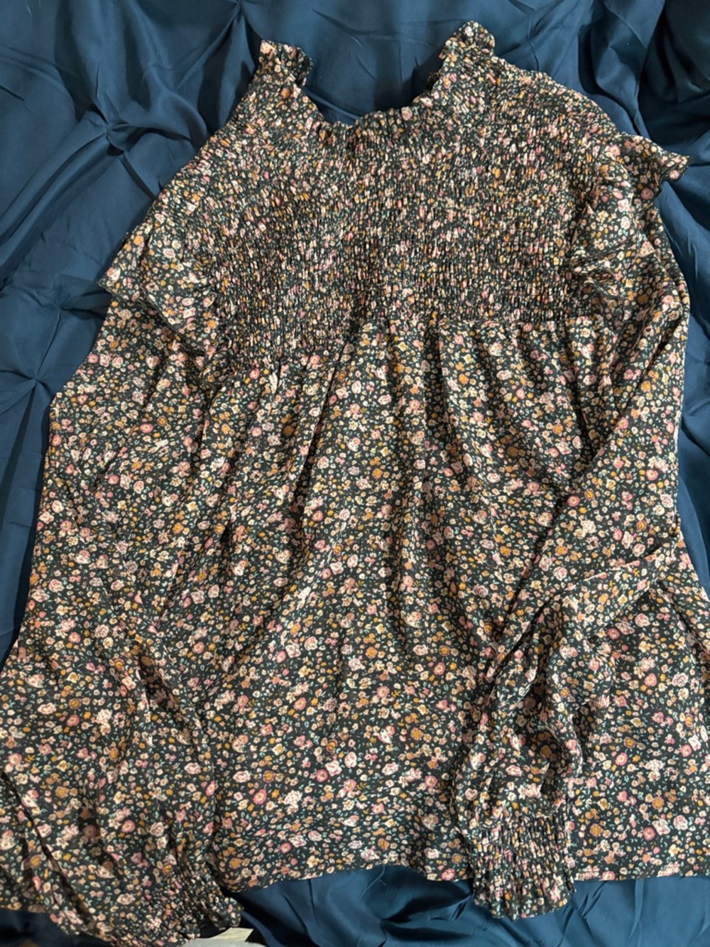 Smocked Floral Peasant Blouse - Black Floral